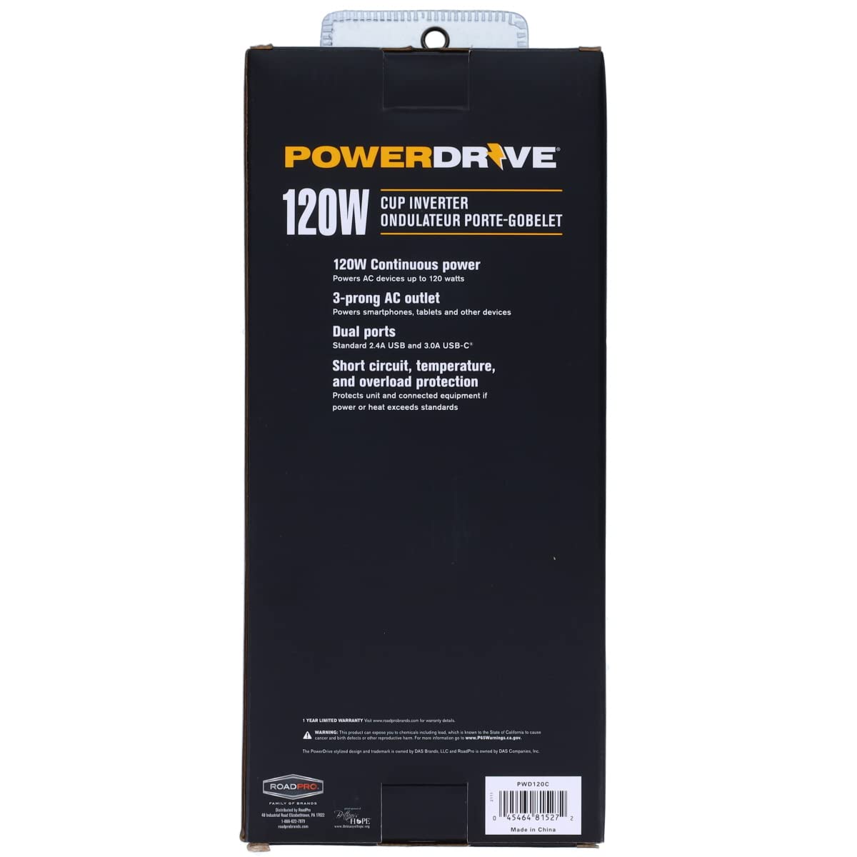 PowerDrive 120 Watt PWD120C Inverter for Cup Holders 12-Volt DC to 110v AC with Outlet and 2 Ports