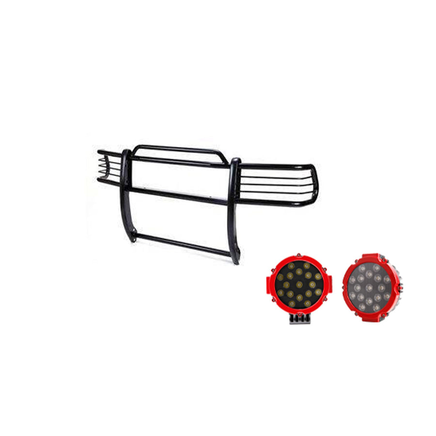 Bumper Guard Black Horse Grille brush Modular Come With pair of 7.0"Dia.LED Lights with Red Trim Rings Compatible with 1999-2002 Ford Expedition|1999-2004 Ford F-150-17FP26MA-PLR