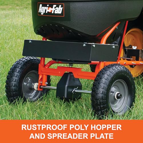 Tow-Behind Agri-Fab 45-0527 110 lb. Lawn & Garden Broadcast Spreader for Seed,Fertilizer,Salt,Ice Melt; Easy to use Flow Control from Seat of Riding Lawn Mower