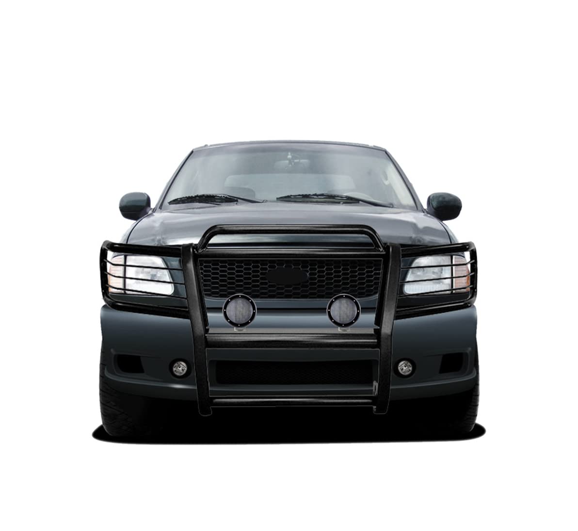 Bumper Guard Black Horse Grille brush Modular Come with Pair of 5.3"LED Lights with Black Trim Rings Compatible with 1999-2002 Expedition|1999-2004 F-150|1999-2007 F-250 Super Duty-17FP27MA-PLFB