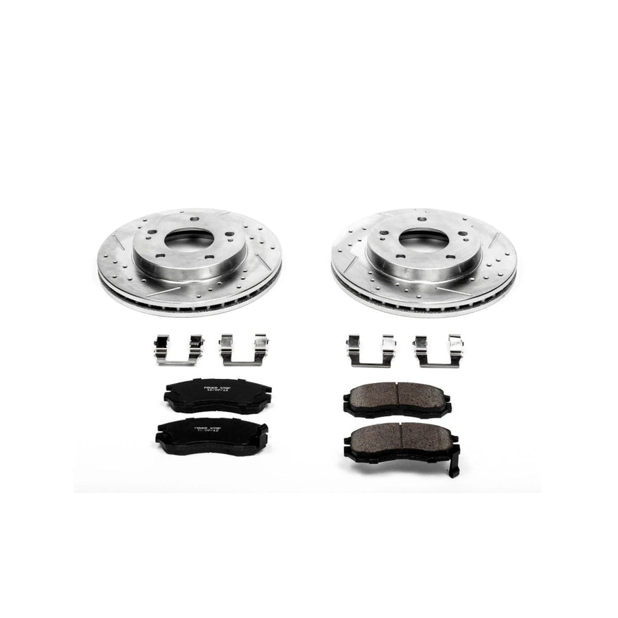 Power Stop K681 Z23 Carbon Fiber Brake Pads with Drilled & Slotted Brake Rotors Kit For Sebring, Avenger, Stratus, Eagle Talon, Eclipse, Galant, Plymouth Laser [Model Specific]