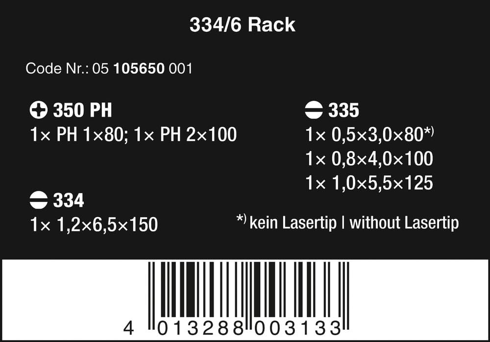 Wera - 334/6 Kraftform Plus 5105650001 Screwdriver Set with Rack and Lasertip, 6-Pieces, Multicolor, Slotted: 6.5x150mm, 3x80mm, 4x100mm, 5.5x125. Phillips: PH1x80, PH2x100