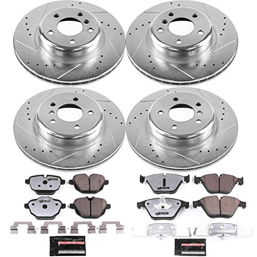 Power Stop K7237-26 Z26 Carbon Fiber Brake Pads Front and Rear with Drilled & Slotted Brake Rotors Kit and 1 Front & 1 Rear Sensor Wires For BMW 528i 2014-2016 [Model Specific]