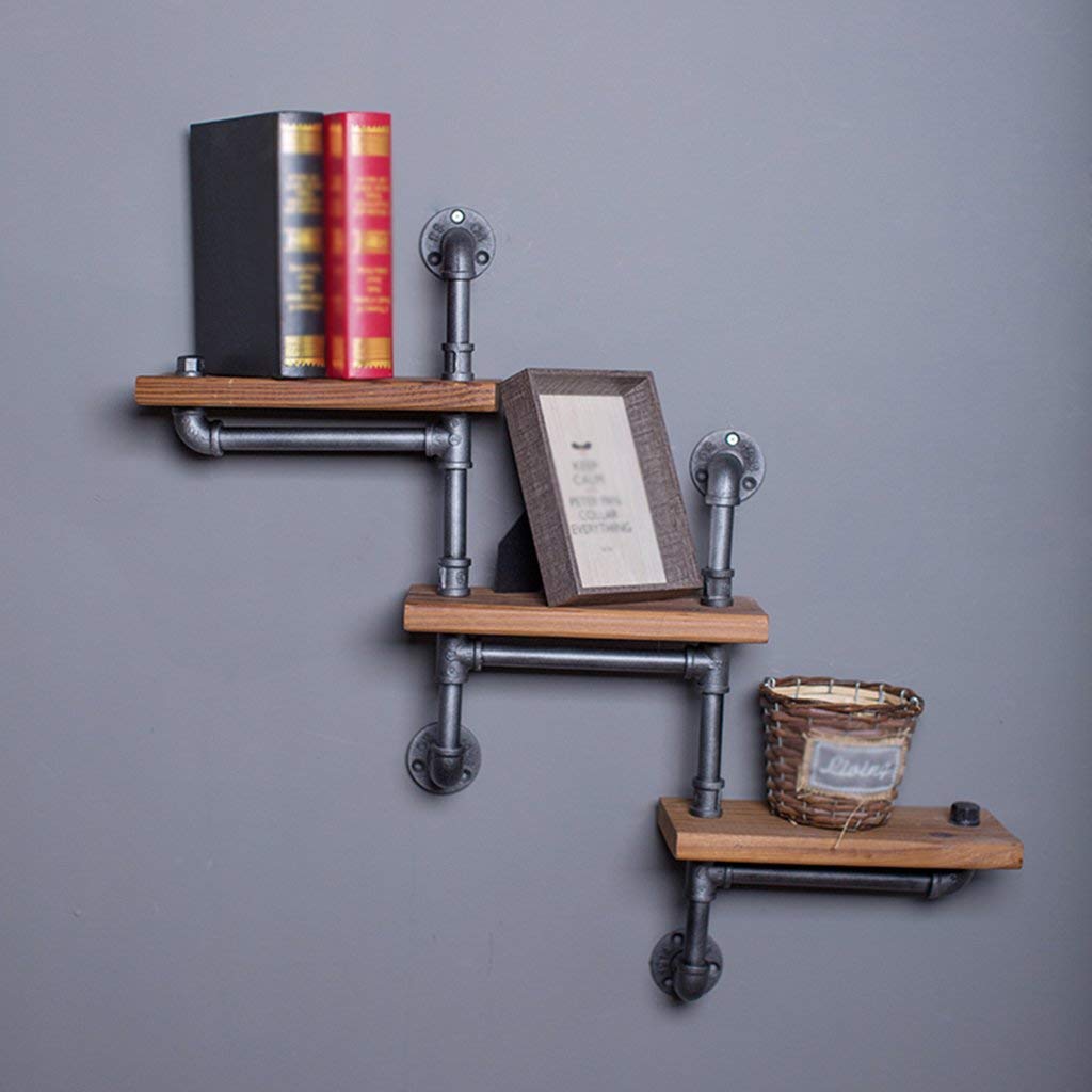 YIMJ Vintage Iron Coat Rack Water Pipe Wall Mount Art with Wood Board Shelf Kitchen Bookshelf, c