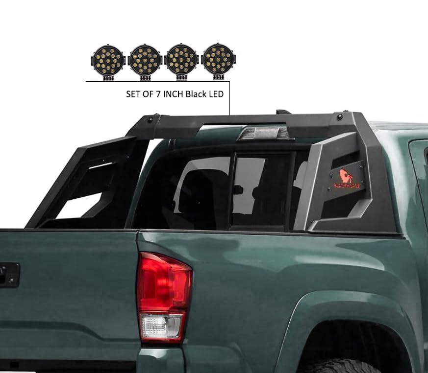 Armour Roll Bar Black Horse Matte Black incl. Pair of 7.0" Dia. LED Lights w/Black Trim Rings with 7" Black Round LED Lights - Compatible with Chevrolet, GMC, Toyota RB-AR3B-PLB