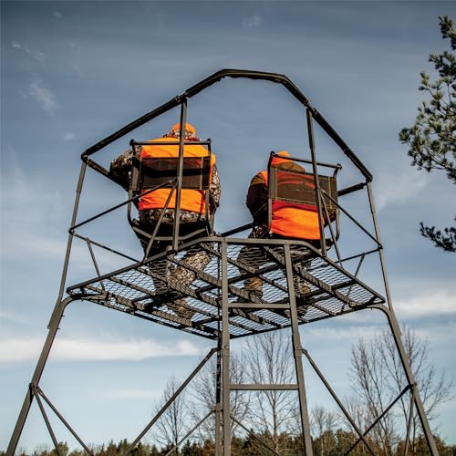 12’ Rivers Edge® 2-Man Quad Pod Tower Stand, TearTuff™ Mesh Seats, 360-Degree Swivel Chairs, Adjustable Padded Shooting Rail, Unmatched Stability, Oversized Platform, RE401