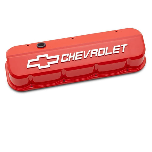 Proform Slant-Edge Valve Cover, Tall, Baffled, Breather Hole, Raised Chevrolet Logo, Aluminum, Orange Paint