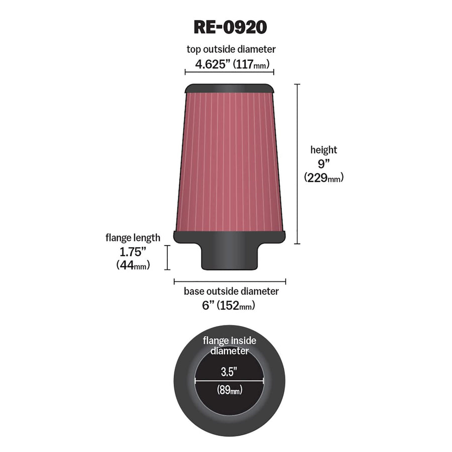 High-Flow K&N Original Lifetime Universal Clamp-On Air Filter: High Performance, Premium, Washable: Flange Diameter: 3.5 In, Filter Height: 9 In, Flange Length: 1.75 In, Shape: Round Tapered, RE-0920