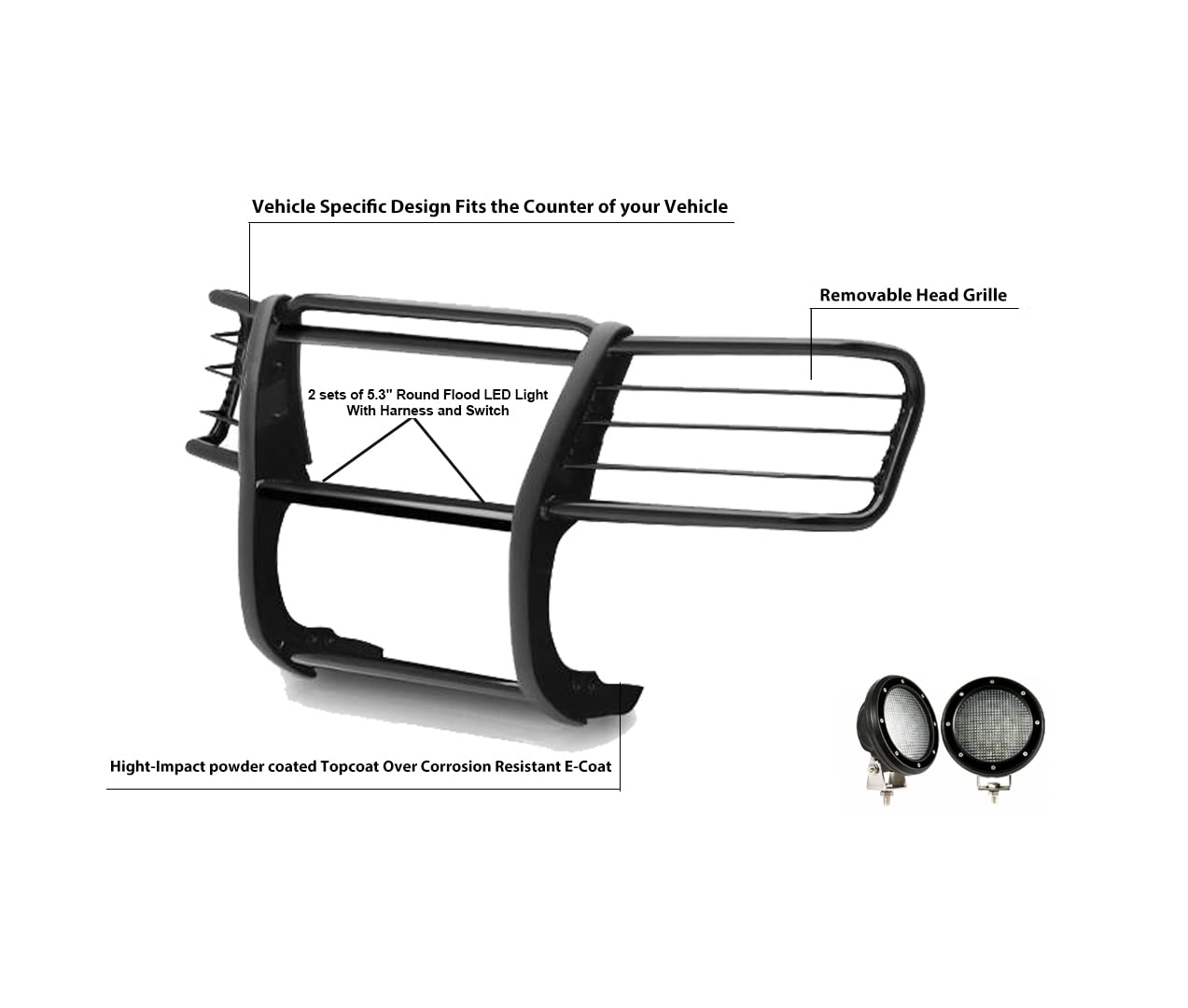 Bumper Guard Black Horse Grille brush Modular Come with Pair of 5.3"LED Lights with Black Trim Rings Compatible with 1999-2002 Expedition|1999-2004 F-150|1999-2007 F-250 Super Duty-17FP27MA-PLFB