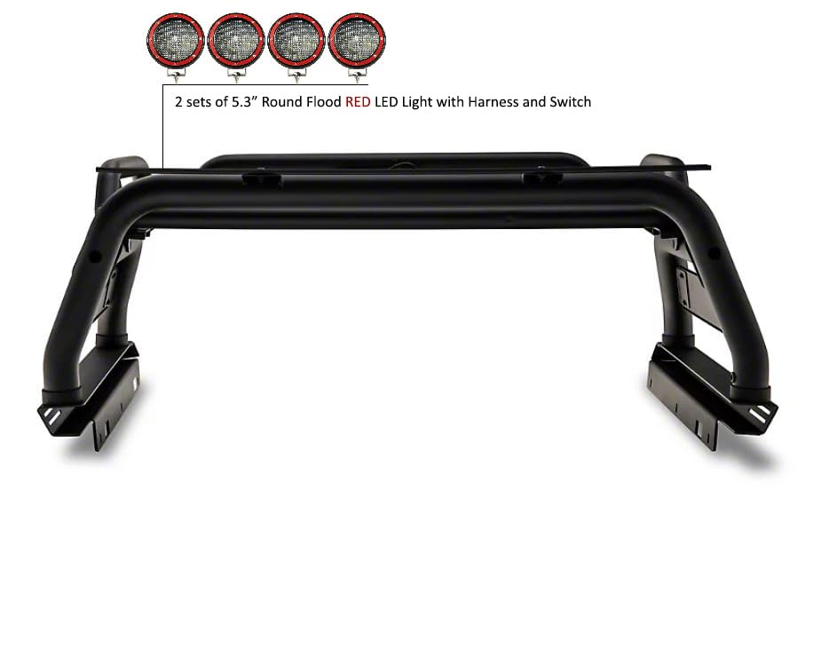 Atlas Black Horse Roll Bar Incl. Set of 5.3" Dia.Led Lights w/Red Trim Rings Compatible with 2020-2024 Jeep Gladiator-ATRB9BK-PLFR