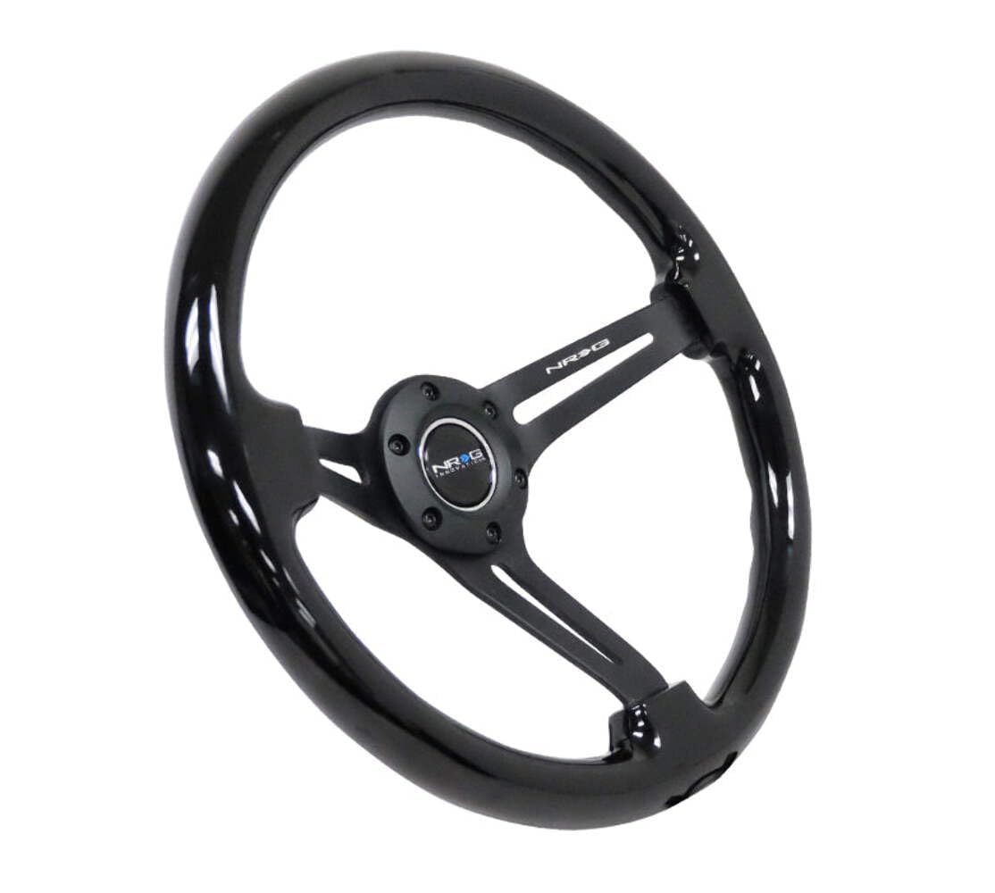 NRG Innovations Reinforced NRG-RST-018BK-BK Classic Wood Grain Steering Wheel, 75mm, 350mm, 3 Spoke Slotted Center Black With Black Painted Wood/Black Painted, Double Riveted Spokes + Horn