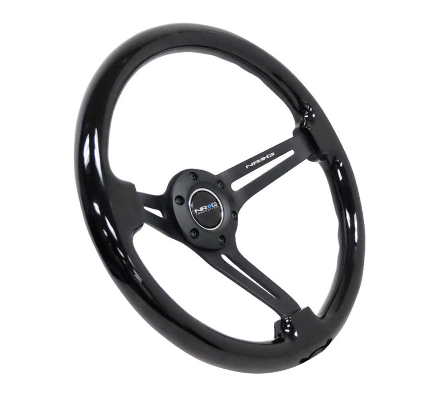 NRG Innovations Reinforced NRG-RST-018BK-BK Classic Wood Grain Steering Wheel, 75mm, 350mm, 3 Spoke Slotted Center Black With Black Painted Wood/Black Painted, Double Riveted Spokes + Horn