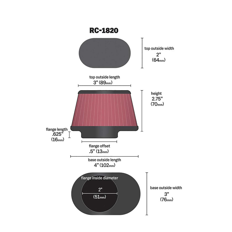 K&N Original High-Flow Lifetime Universal Clamp-On Air Filter: Performance, Premium, Washable: Flange Diameter: 2 In, Filter Height: 2.75 In, Flange Length: 0.625 In, Shape: Oval Straight, RC-1820