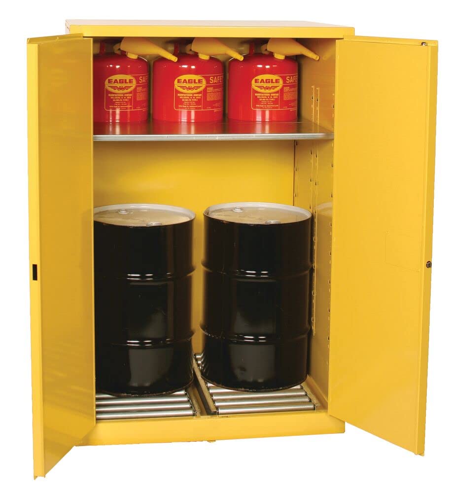 Eagle 60 Gallon Safety Cabinet Haz-Mat, Two Drum Vertical, 1 Shelf, 2 Door, Manual Close, Made in The USA, Yellow, HAZ1992X
