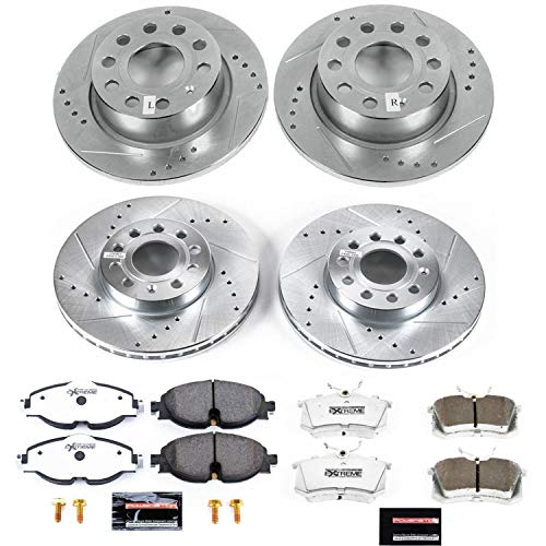 Power Stop K7109-26 Z26 Carbon Fiber Brake Pads Front and Rear with Drilled & Slotted Brake Rotors Kit and 1 Front Sensor Wire For VW Golf, VW Golf SportWagen [Model Specific]