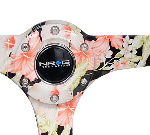 NRG Innovations Reinforced Steering Wheel NRG-RST-036FL-S - Hydro Dipped Tropical Floral 3" Deep, 5mm Spoke, 350mm Sport Steering Wheel Black Suede With Black Baseball Stitching