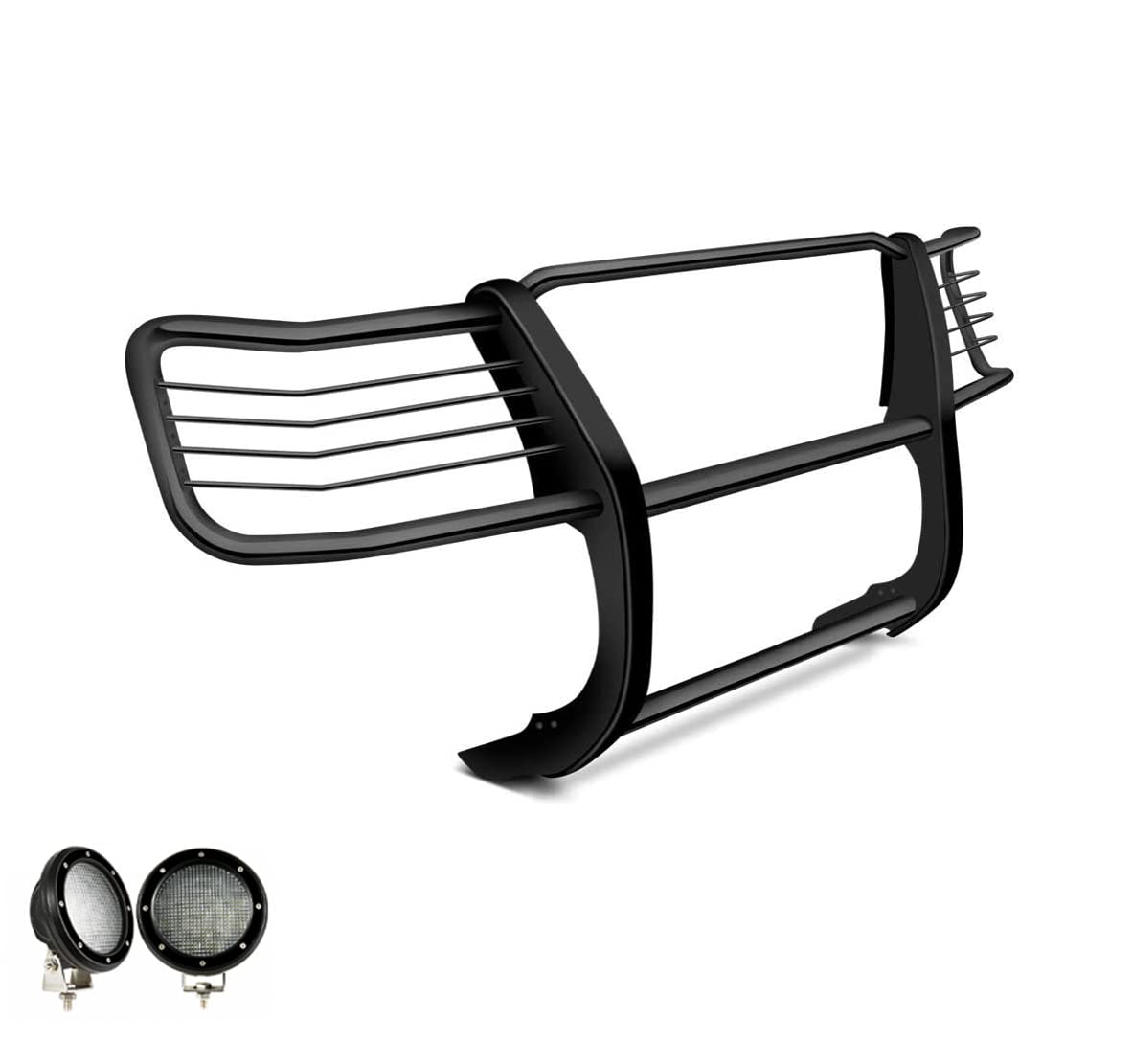 Bumper Guard Modular Black Black Horse Grille Brush Come with Pair of 5.3" Dia.LED Lights with Black Trim Rings Compatible with 2016-204 Nissan Titan XD-17NR28MA-PLFB