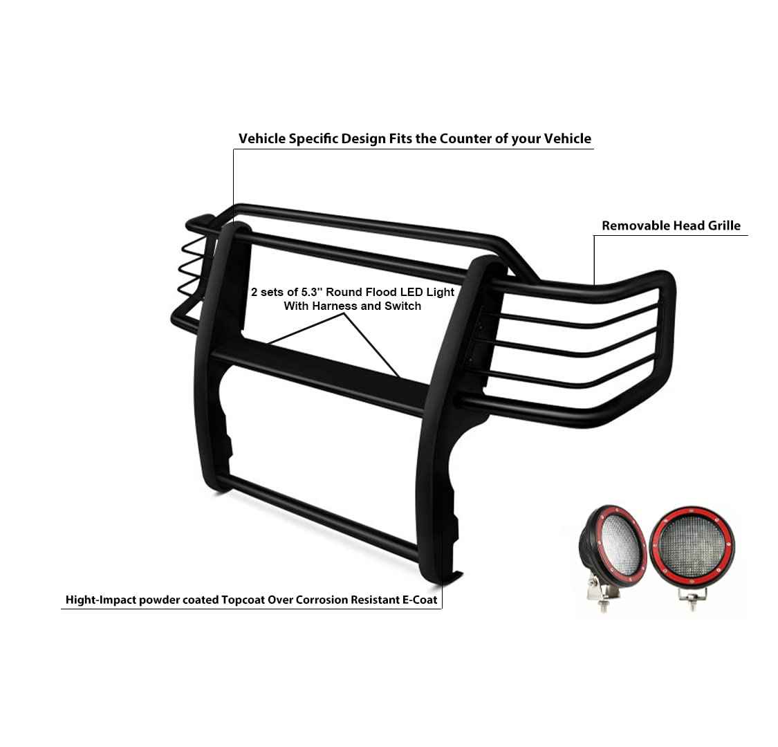 Bumper Guard Black Horse Grille Brush Modular Black Come with Pair of 5.3" Dia.LED Lights with Red Trim Rings Compatible with 1996-1998 Toyota 4Runner|1998-2000 Toyota Tacoma-17T80202MA-PLFR