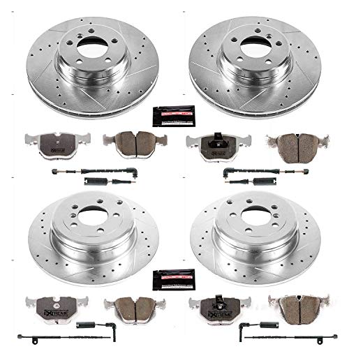 Power Stop Z26 Carbon Fiber Brake Pads K5741-26 with Drilled & Slotted Brake Rotors Kit and 2 Front & 2 Rear Sensor Wires