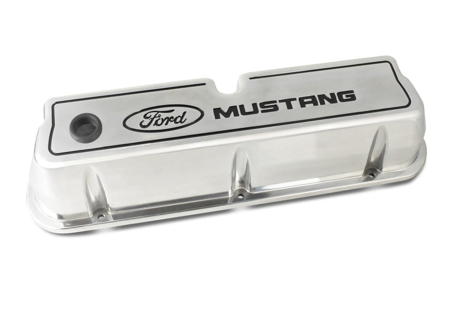 Tall Ford Valve Cover, Baffled, Breather Hole, Aluminum, Polished, Ford Mustang Logo, Small Block Ford, Pair