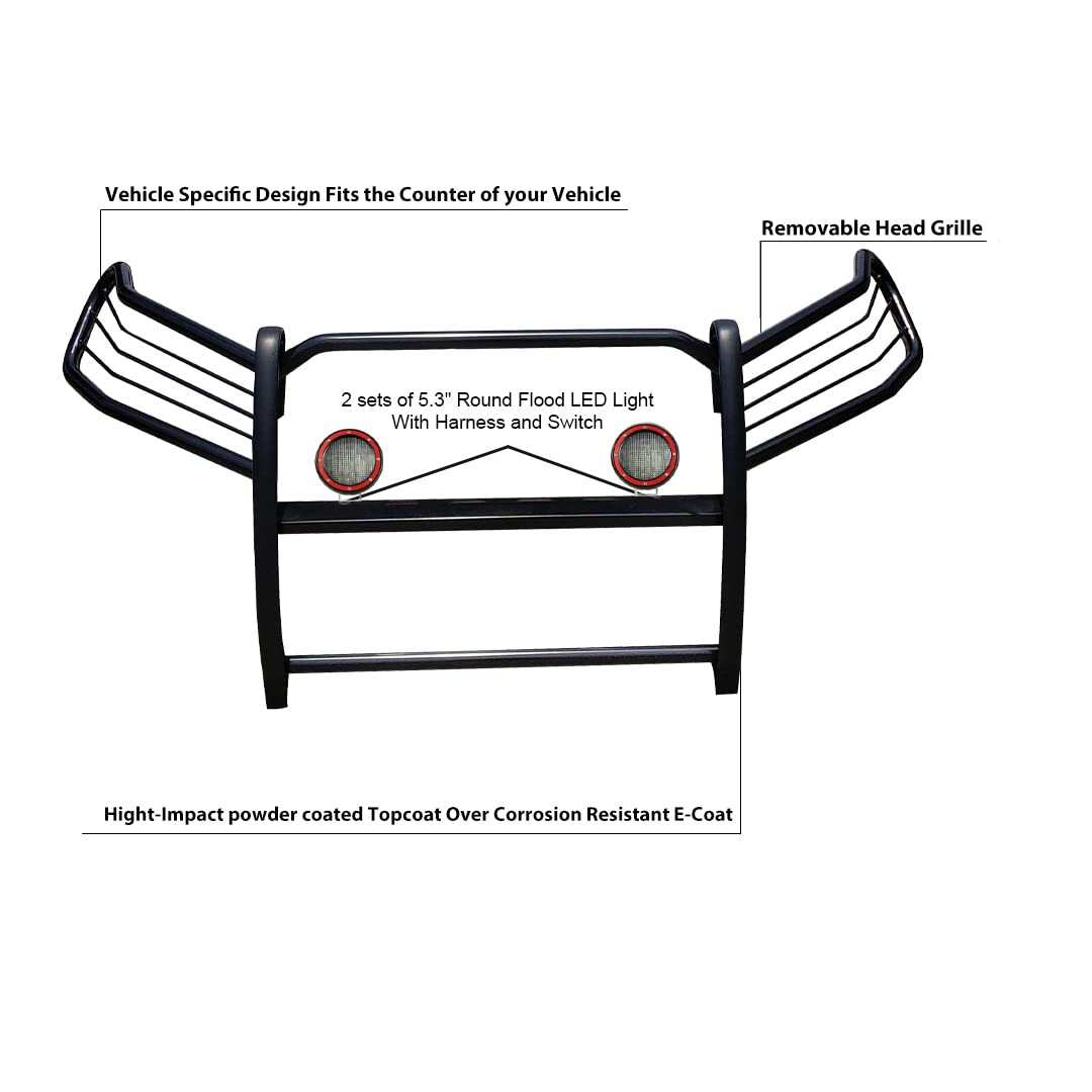 Bumper Guard Black Horse Grille Brush Modular Black Come with Pair of 5.3" Dia.LED Lights with Red Trim Rings Compatible with 2019-2024 Toyota RAV4-17A093904MA-PLFR