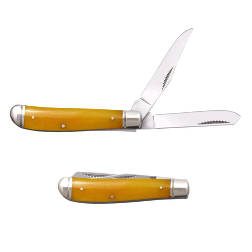 Cold Steel Mini Trapper Folding Knife Versatile Practical Durable Compact Pocket - 2 Blades; Yellow Bone Handle; Slip Joint Lock