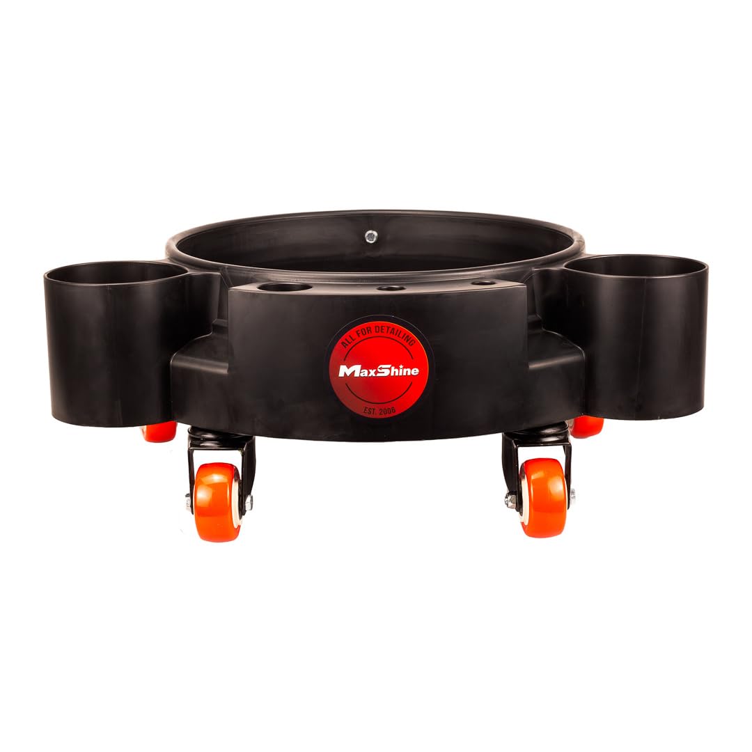 Rolling Maxshine Bucket Dolly (Black) | Heavy-Duty Polypropylene with 4 Swivel Wheels, 2 Shelves & 6 Compartments | Secure Fit, Spill-Free Design for Car Wash & Auto Detailing Organization