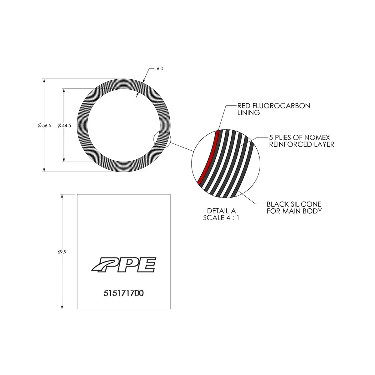 1.75" ID PPE x 2.75" L 5mm 4-ply Performance Silicone for Custom Applications 515171700