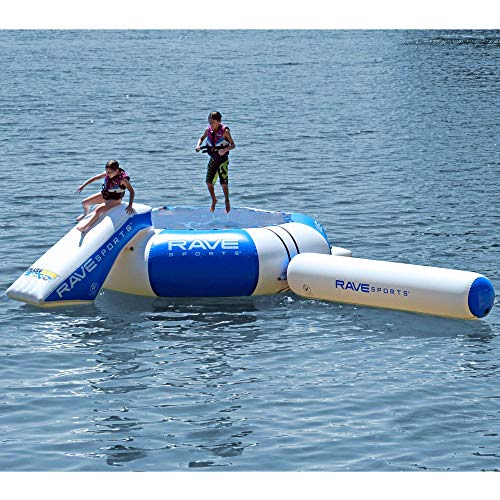 RAVE Sports Splash Zone Plus Inflatable Water Bouncer with Balancing Log and Slide, Boarding Platform, 12FT / 16FT, Anchor Harness, Durable Nylon Jump Surface, Recreational Swimming Fun