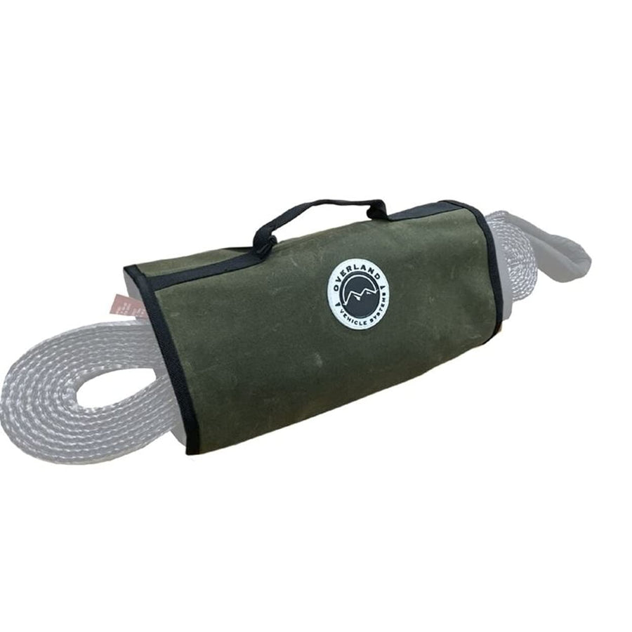 Recovery Wrap Storage Bag Overland Vehicle Systems - #16 Waxed Canvas - Infused with Paraffin Wax Waterproofing - 2 Storage Pouches for Shackles -1 Pouch for Snatch Block - 1 Buckle for Tow Straps