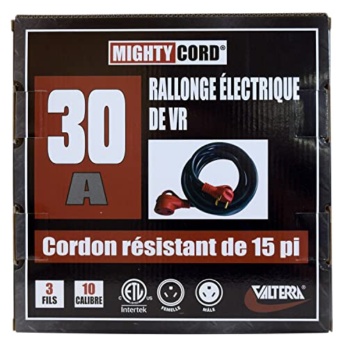 30-Amp Valterra Mighty Cord RV Extension Cord, 15-Foot Power Extension Cord, Red