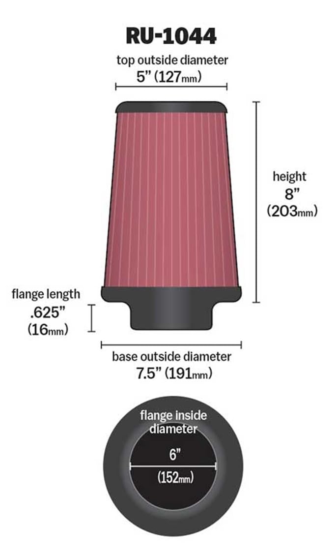 High-Flow K&N Original Lifetime Universal Clamp-On Air Filter: High Performance, Premium, Washable: Flange Diameter: 6 In, Filter Height: 8 In, Flange Length: 0.625 In, Shape: Round Tapered, RU-1044