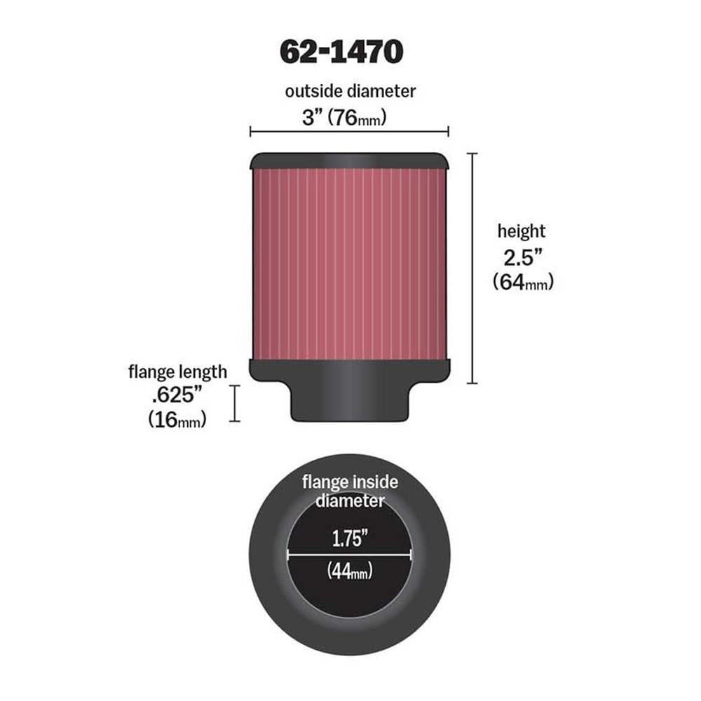 K&N Air Filter/ Breather Vent: High Performance, Premium, Washable, Replacement Engine Filter: Flange Diameter: 1.75 In, Filter Height: 2.5 In, Flange Length: 0.625 In, Shape: Breather, 62-1470