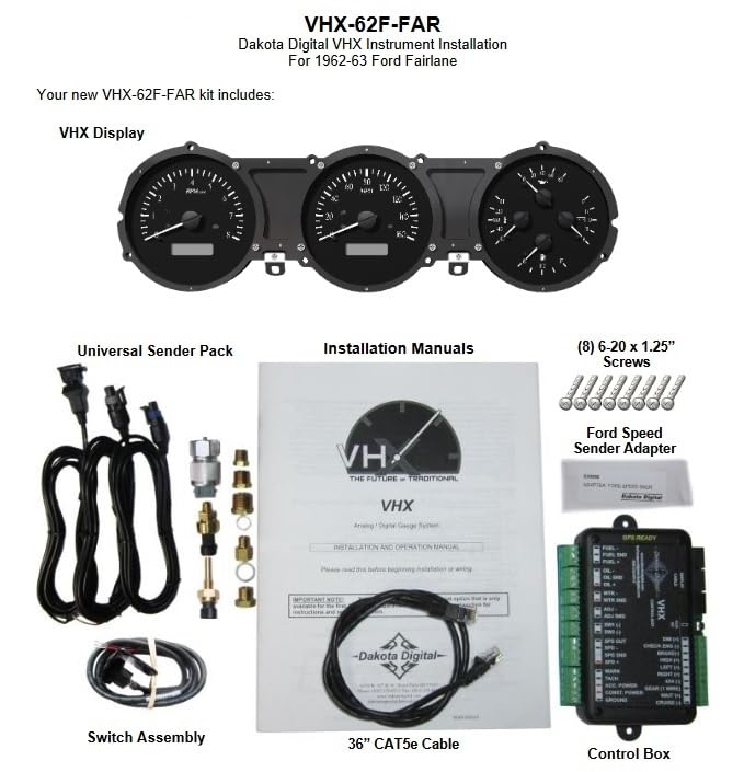 Dakota Digital VHX-62F-FAR-K-B Gauge System Analog Dash Compatible with 1962-63 Ford Fairlane, Black Alloy Style, Blue Backlighting