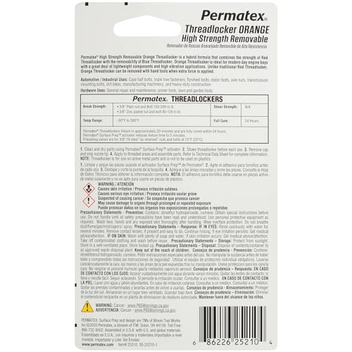 Permatex High Strength 25210 Removable Threadlocker Orange Liquid, 10 ml