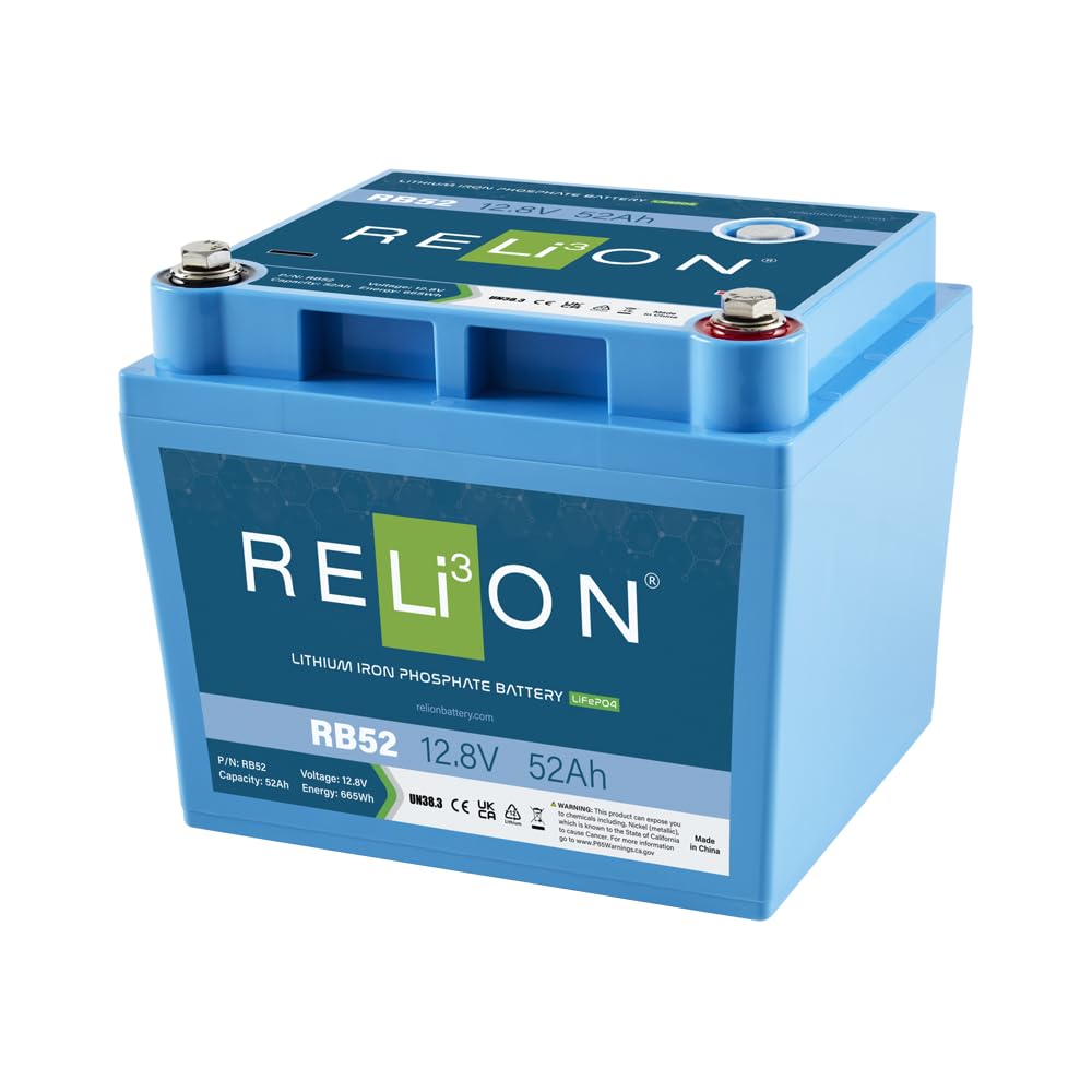 12V RELiON RB52 | 52Ah LiFePO4 Lithium-ion Battery | 3500~5000 Cycles | Built-in BMS | Waterproof (IP67 Rating)| 10 Year Warranty | Lightweight small size | Perfect for Trolling Motor, Kayak, RV etc.