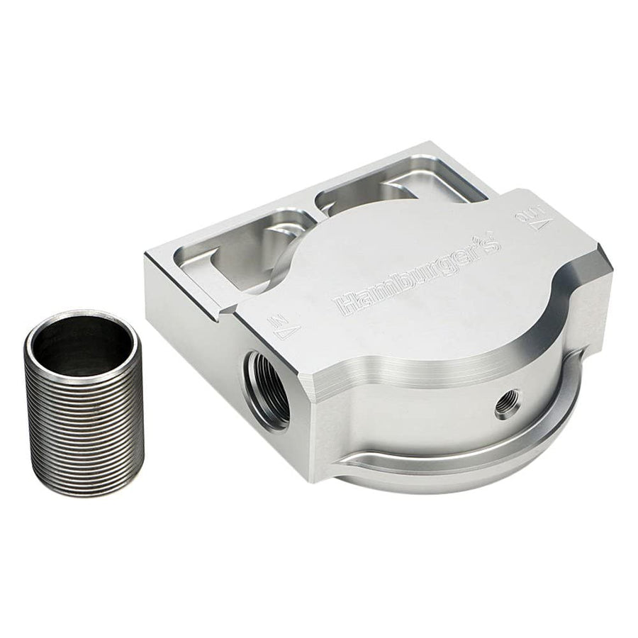 Single Remote Oil Filter Base - HAMBURGER'S PERFORMANCE; FITS HP6; Flows Left to Right- Billet ALUMI