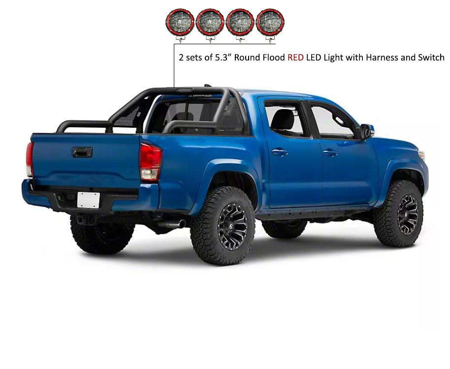 Gladiator Black Horse Roll Bar Incl. Set of 5.3" Dia.Led Lights w/Red Trim Rings Modular Compatible with 2015-2024 GMC Canyon|2015-2024 Chevrolet Colorado|2015-2024 Toyota Tacoma-GLRB-03B-PLFR