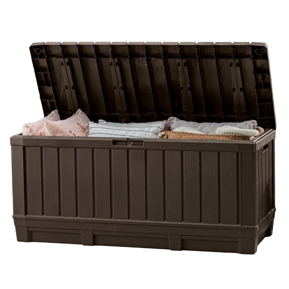 Keter 92 Gallon Kentwood Resin Deck Box-Organization and Storage for Patio Furniture Outdoor Cushions, Throw Pillows, Garden Tools and Pool Floats, Brown