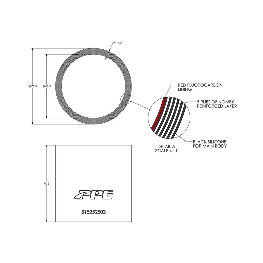 2.5" ID PPE x 3.0" L 6mm 5-ply Performance Silicone for Custom Applications 515252503