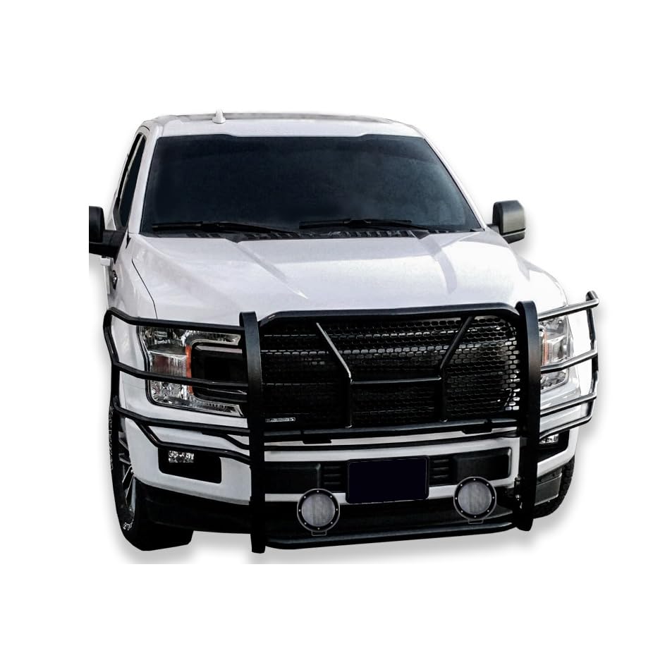 Heavy Duty Black Horse Rugged Grille Brush Bumper Guard Modular Black Come with Pair of 5.3" Dia.LED Lights with Black Trim Rings Compatible with 2015-2020 Ford F-150-RU-FOF115-B-PLFB