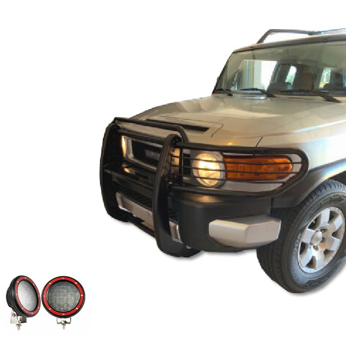 Grille Brush Black Horse Bumper Guard Modular Black Come with Pair of 5.3" Dia.LED Lights with Red Trim Rings Compatible with 2007-2014 Toyota FJ Cruiser-17A098600MA-PLFR