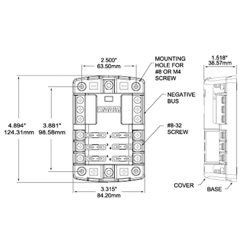 Blue Sea Systems 5025 ST Blade Fuse Block with Negative Bus 6 Way Circuits and Cover, 100 Amps