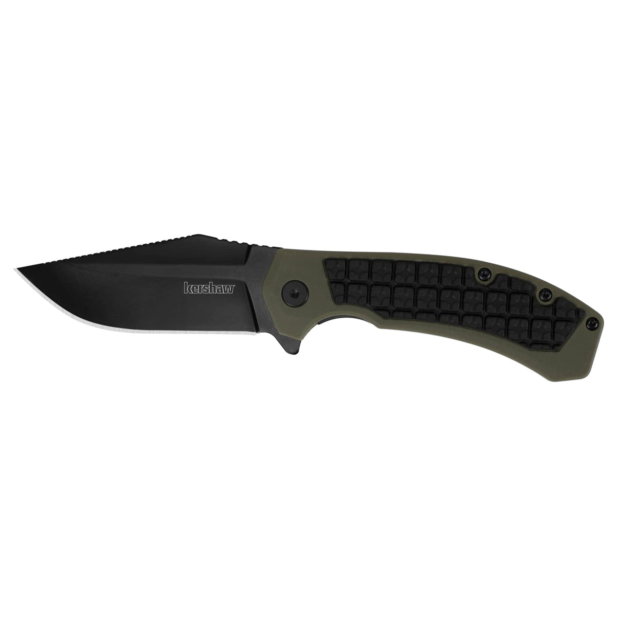 Kershaw Pocketknife Faultine (8760); 3-Inch 8Cr13MoV Blade with KVT Manual Open, Black Oxide Coating and Rubber Overmold, Olive Handle, Pocketclip