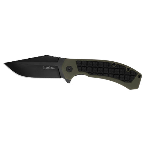 Kershaw Pocketknife Faultine (8760); 3-Inch 8Cr13MoV Blade with KVT Manual Open, Black Oxide Coating and Rubber Overmold, Olive Handle, Pocketclip