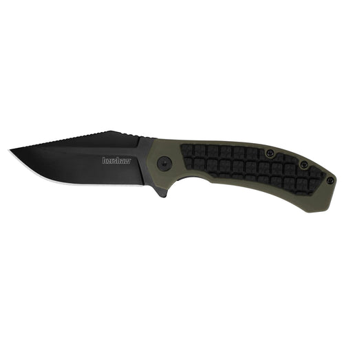Kershaw Pocketknife Faultine (8760); 3-Inch 8Cr13MoV Blade with KVT Manual Open, Black Oxide Coating and Rubber Overmold, Olive Handle, Pocketclip