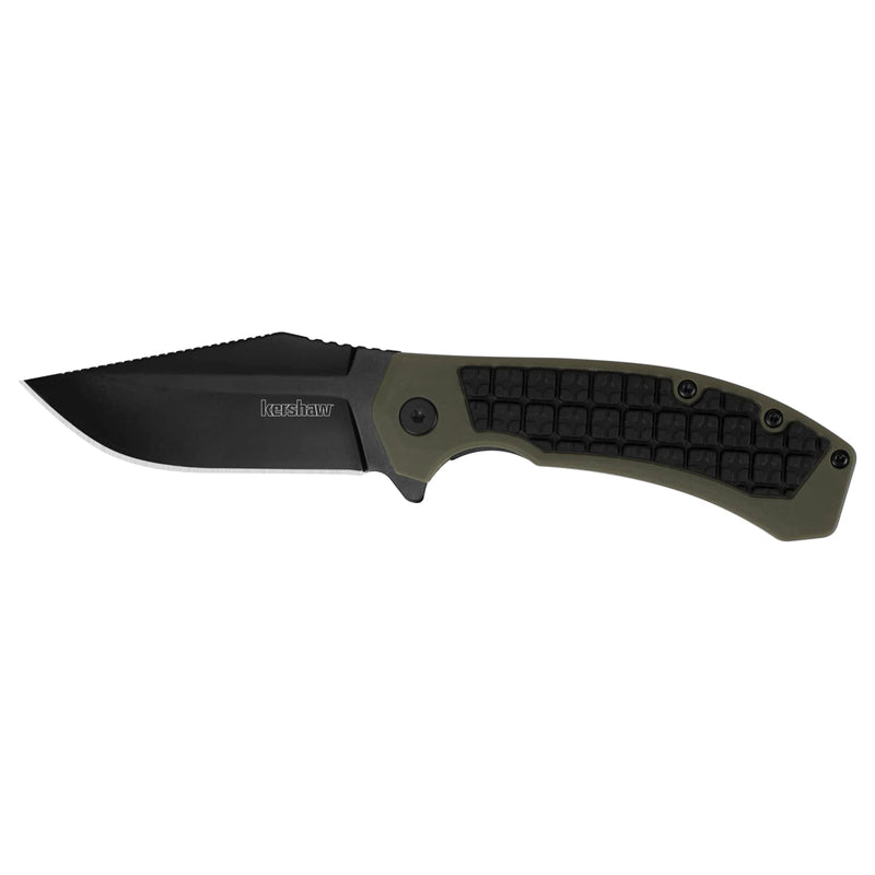 Kershaw Pocketknife Faultine (8760); 3-Inch 8Cr13MoV Blade with KVT Manual Open, Black Oxide Coating and Rubber Overmold, Olive Handle, Pocketclip