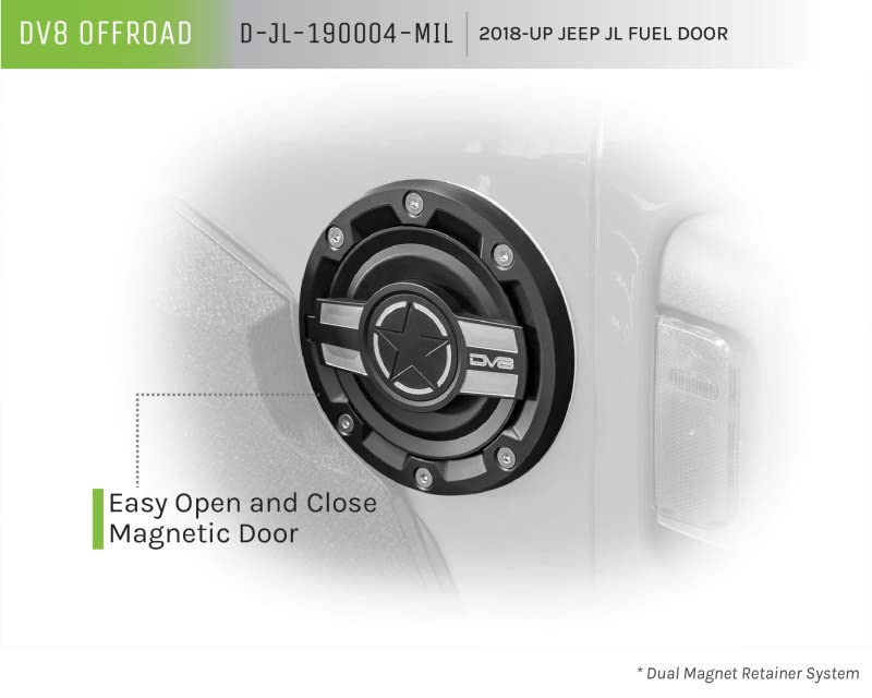 D-JL-190004-MIL | DV8 Offroad Fuel Door for 18-21 Wrangler JL | Magnetic Closure | Aluminum Construction | Complete Replacement Kit