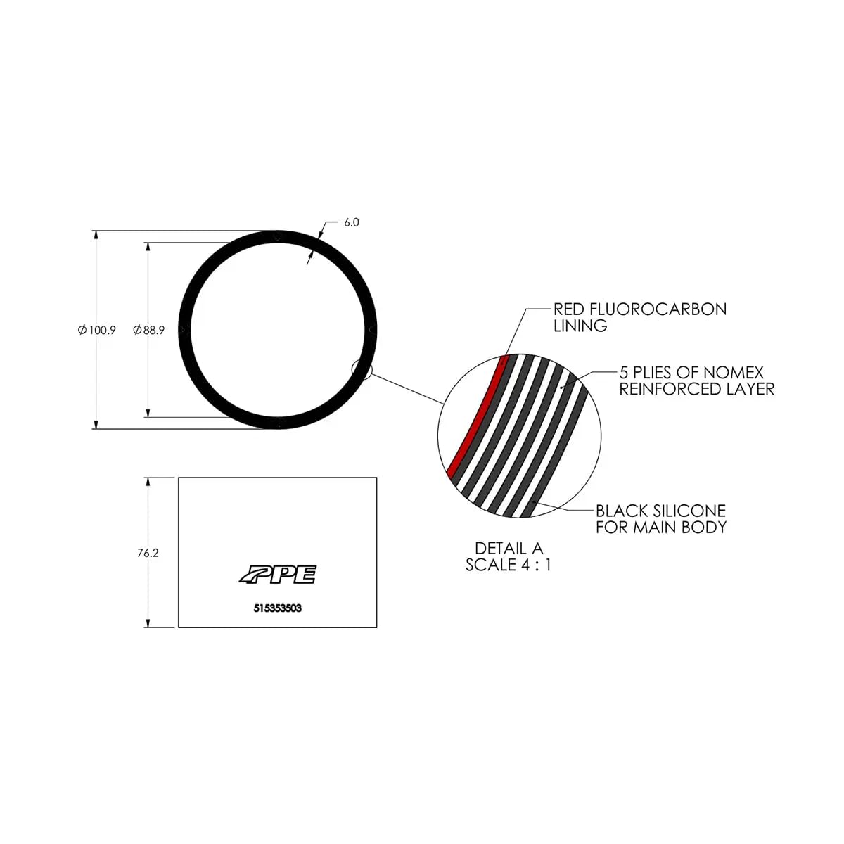 3.5" ID PPE x 3.0" L 6mm 5-ply Performance Silicone for Custom Applications 515353503