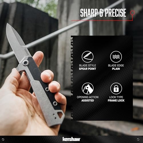 Kershaw Pocket Knife Oblivion, Black and Gray Design, 3.5 Inch Stainless Steel Drop Point Blade, EDC with Assisted Opening, Reversible Deep Pocketclip, Everyday Carry Pocket Knife for Men and Women